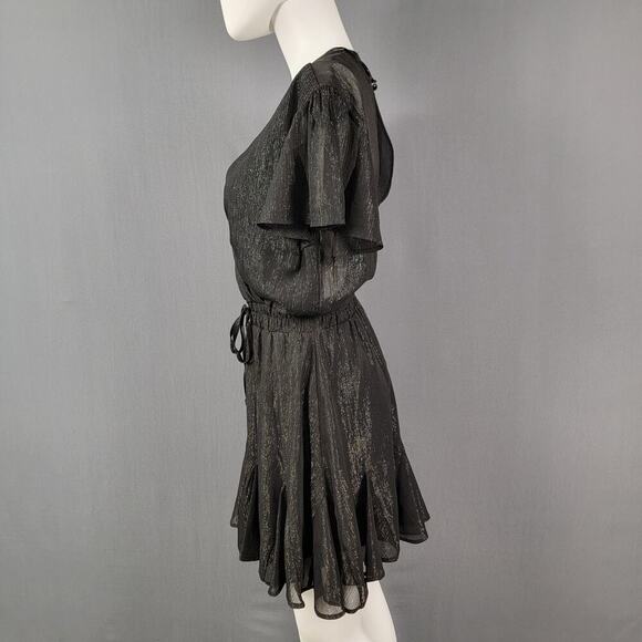 Mi Ami Black Metallic Mini Dress S Flutter Sleeve V-Neck Party - Picture 3 of 9